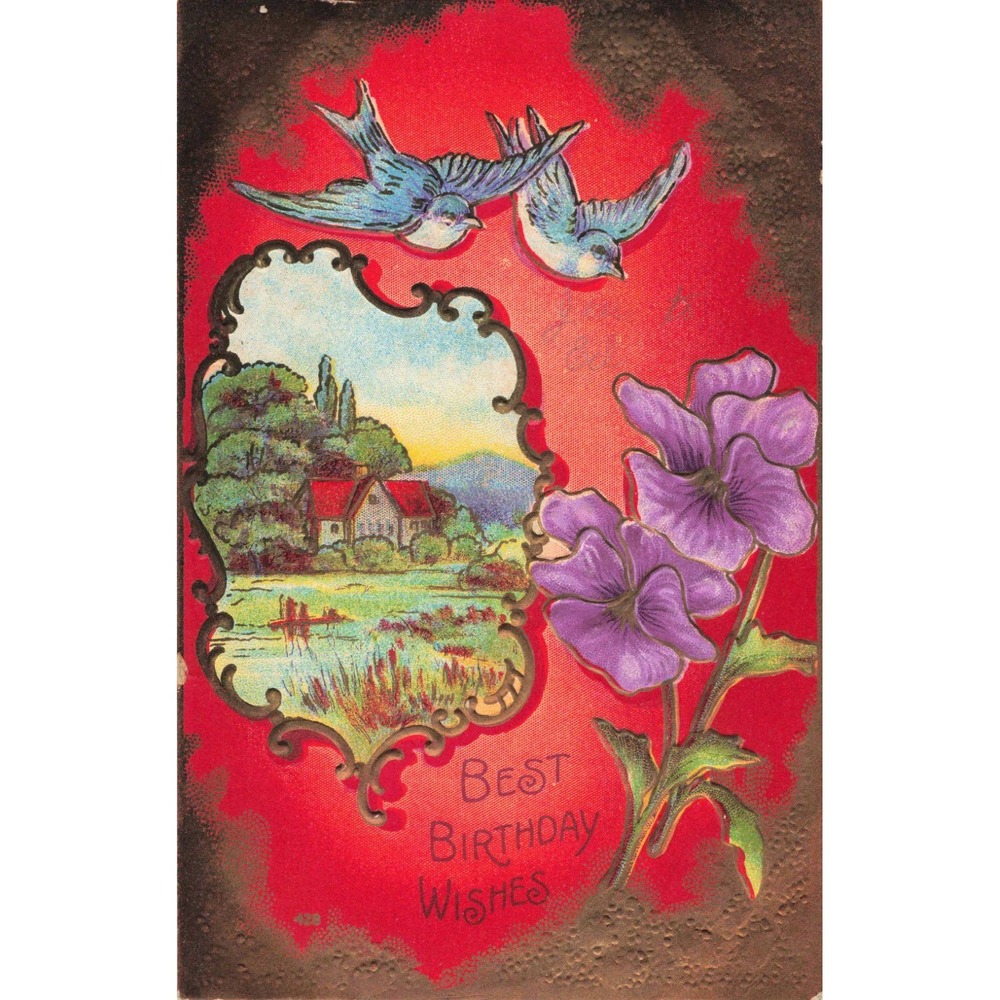 Antique Embossed Birthday Postcard Bluebirds Pansies Landscape Divided Back - Picture 1 of 2